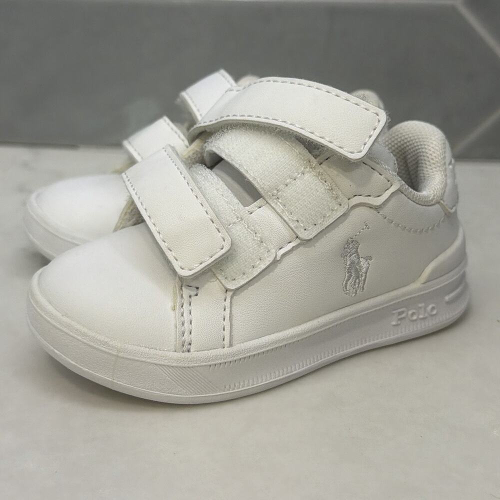 Polo Ralph Lauren Baby Toddler Sneakers Heritage White Hook Loop Size 4 Boy Girl